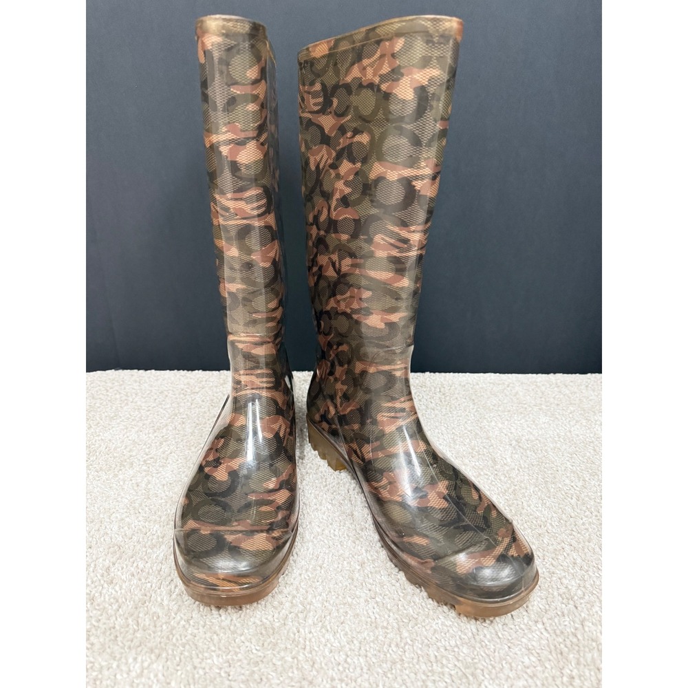 Coach Women's Rain Boots Camo Signature Print Rubber Tall Lug Sole Green 8